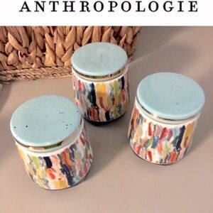 ANTHROPOLOGIE SET OF 3 ARTIST SIGNED HAND PAINTED CERAMIC SPICE JARS WITH LIDS
